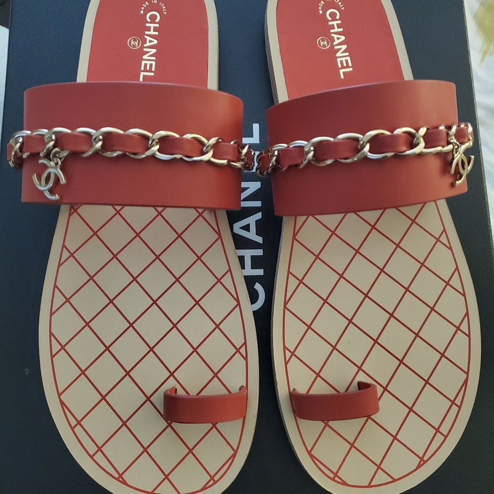 Brand New Chanel Red Calfskin Chain Sandals